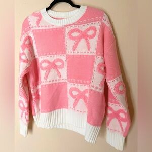SHEIN Pink and White Bow Pattern Sweater